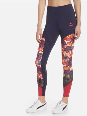 Puma Navy High-Rise Leggings with Red Floral Panels